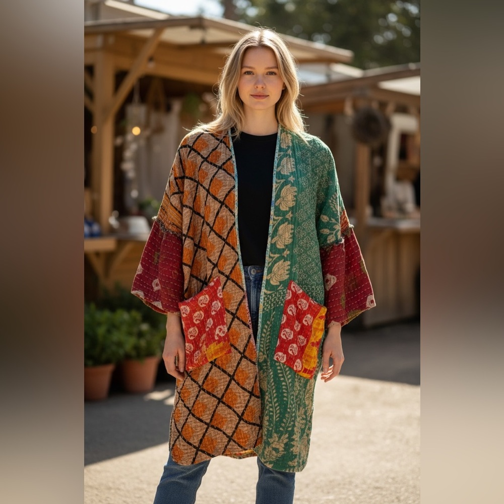 Rahab’s Rope Reversible Kantha Kaftan, Free Size, NWT, Kimono, Duster, Fit XS-XL